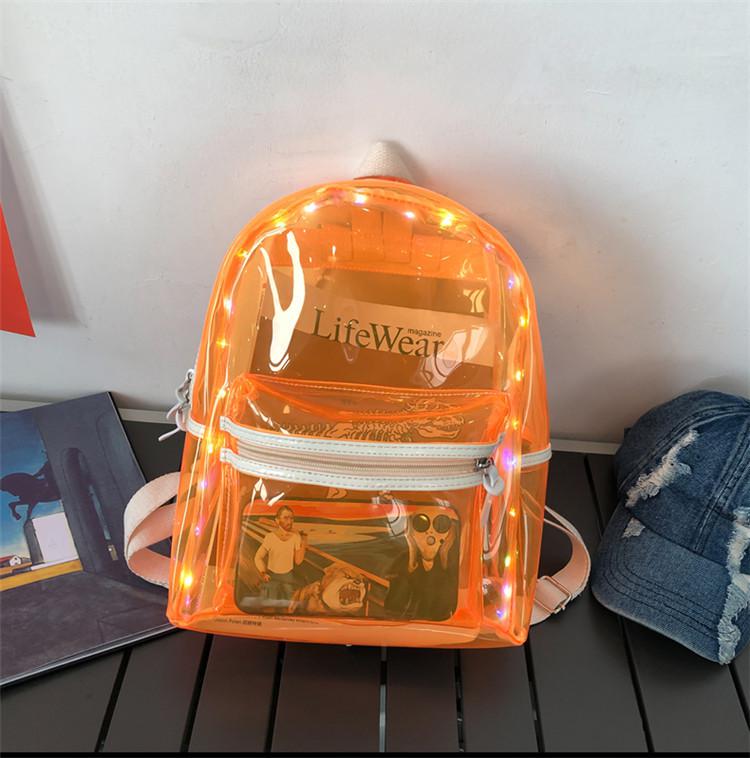 Pvc Waterproof Transparent School Bag With Light Backpacks Large Capacity Backpack Solid Clear Backpack: Orange