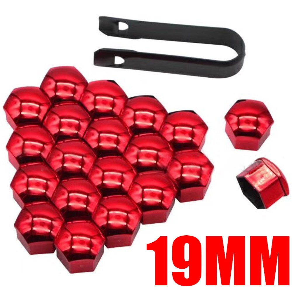 20pcs/set 17/19/21mm Universal Wheel Nut Bolt Cover Cap Exterior Decoration Protecting Bolt + Removal Tool Red/Blue: red 19MM