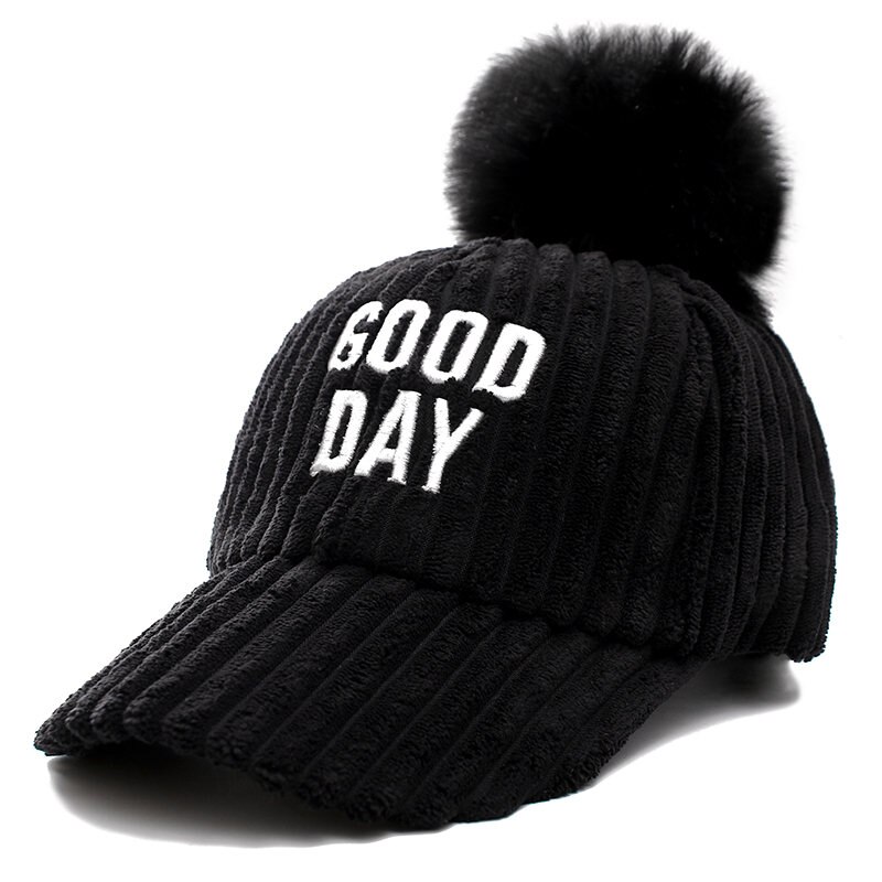 Goede Dag Brief Vrouwen Winter Baseball Cap Mode Pompoms Hoed Voor Vrouwelijke Herfst Casual Flanel Warm Cap: Black