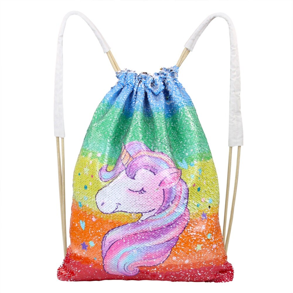 Unicorn Drawstring Bag Sequins Mermaid Backpack Bag Magic Reversible Shoulder Bag Storage Casual Party Supply