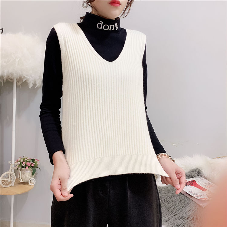 Strikket vest med v-hals, koreansk stil ensfarvet vest til kvinder løs vest stribet slim sweater frakke