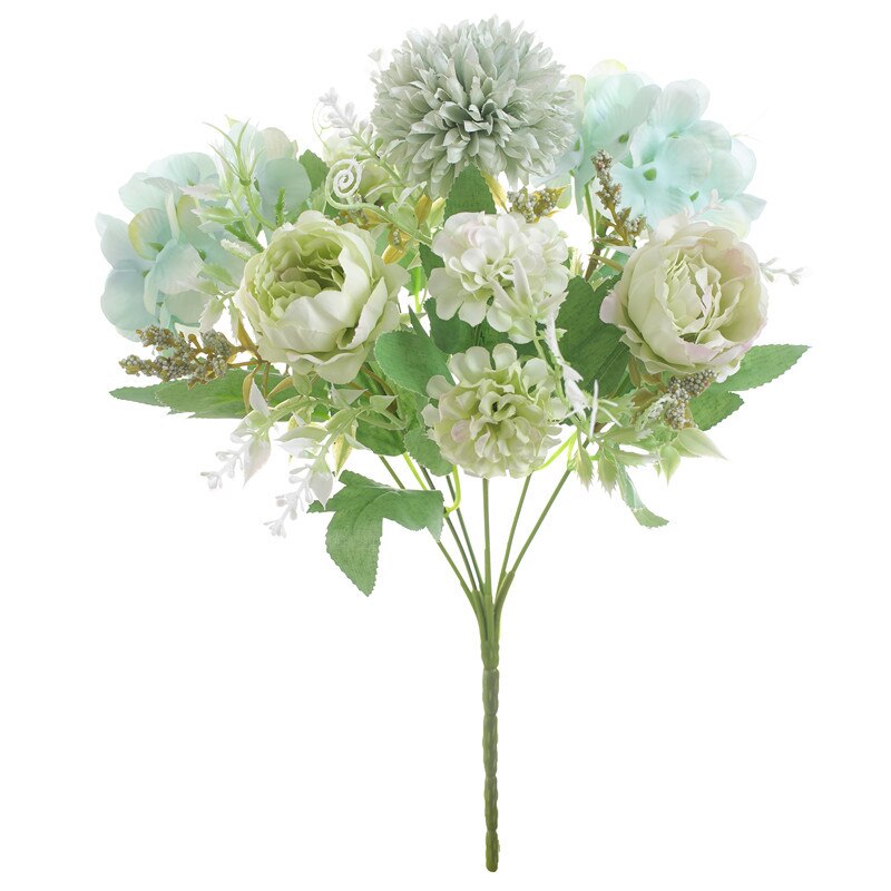1pc kunstige blomster silke kamelia pæon mini bryllupsblomst buket hortensia til hjemmefest dekoration indendørs: Grøn -b5