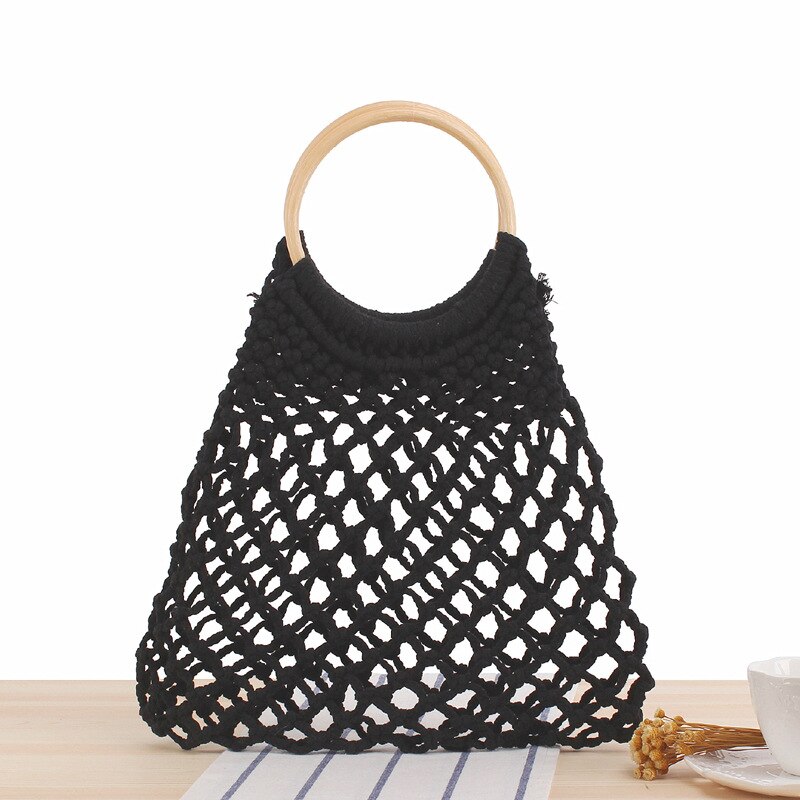 Hollow Out Katoen Strand Tas Dames Handtassen Bohemian Houten Handvat Reizen Tote Grote Capaciteit Visnet Vrouwen Boodschappentas w344