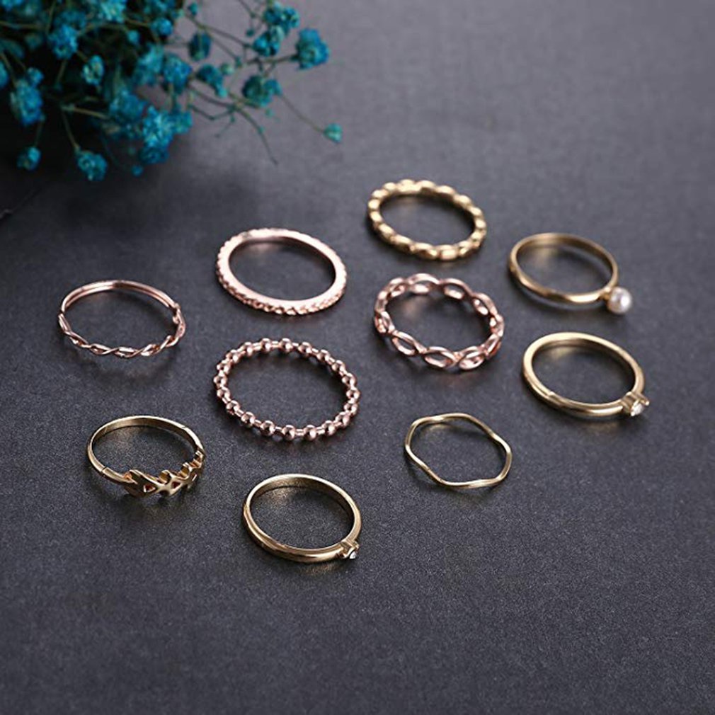 10 Piece/Set Wave Hollow Ring Arrow Gear Pearl Ring Suit Romantic Small Fresh Long-Lasting Use Durable