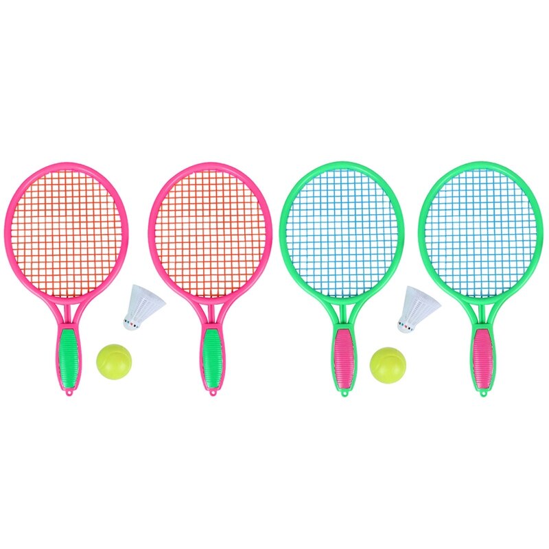 2 Set Strand Tennisracket Kinderen Buitensporten Tennisracket Met Badminton Bal Groen & Roze