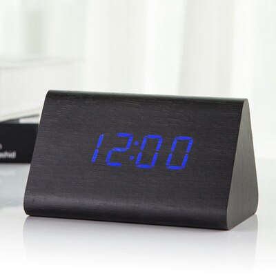 Jinsun Wekker Moderne Houten Thermometer Desk Klokken Led Digitale Klok Geluid Controle Mini Led Tafel Klok: black-blue