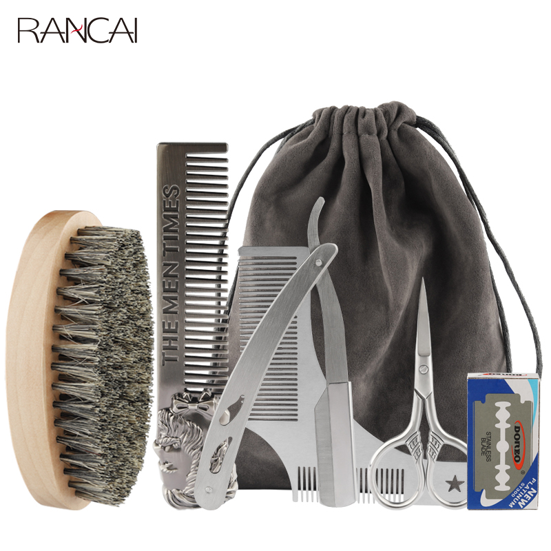Shaving Beard Brush 5 Piece Set Bristle Men Trim Barber Shop Scissor Hairdresser Comb Razor With Bag Kit