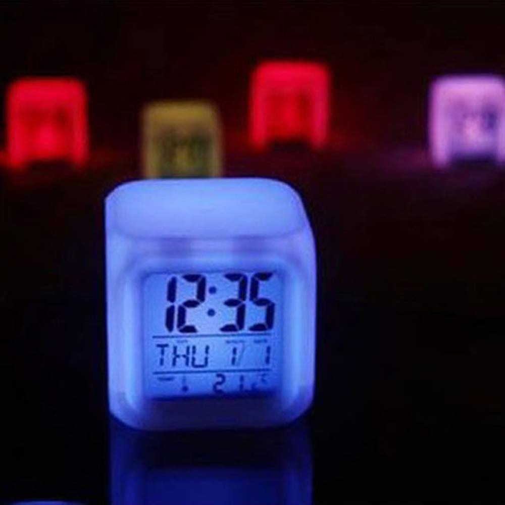 Cube Digital Alarm Clock 7 Colors LED Change Clock Thermometer Night Glowing Alarm Clocks 24-hour Time Format Calendar