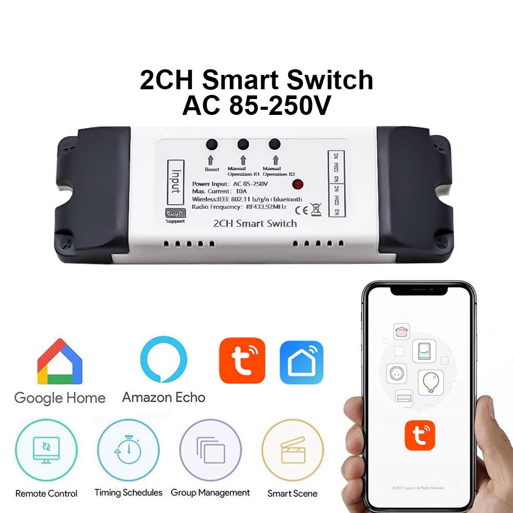 Módulo de interruptor inteligente para el hogar, relé con WiFi de 220V y 2 canales, con autobloqueo, Control remoto por aplicación Tuya Smart Life, funciona con Alexa y Google Home: 2CH 85-250V