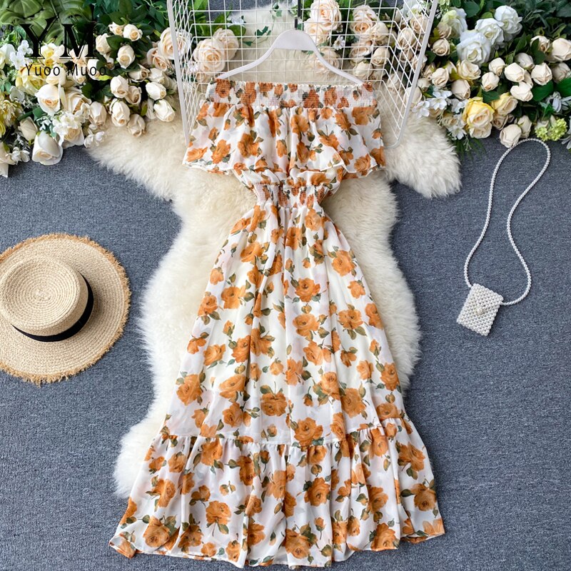 Yuoomuoo Bohemian Zomer Off Shoulder Bloemenprint Jurk Vrouwen Elegante Ruches Chiffon Lange Jurk Boho Mode Strand Jurk