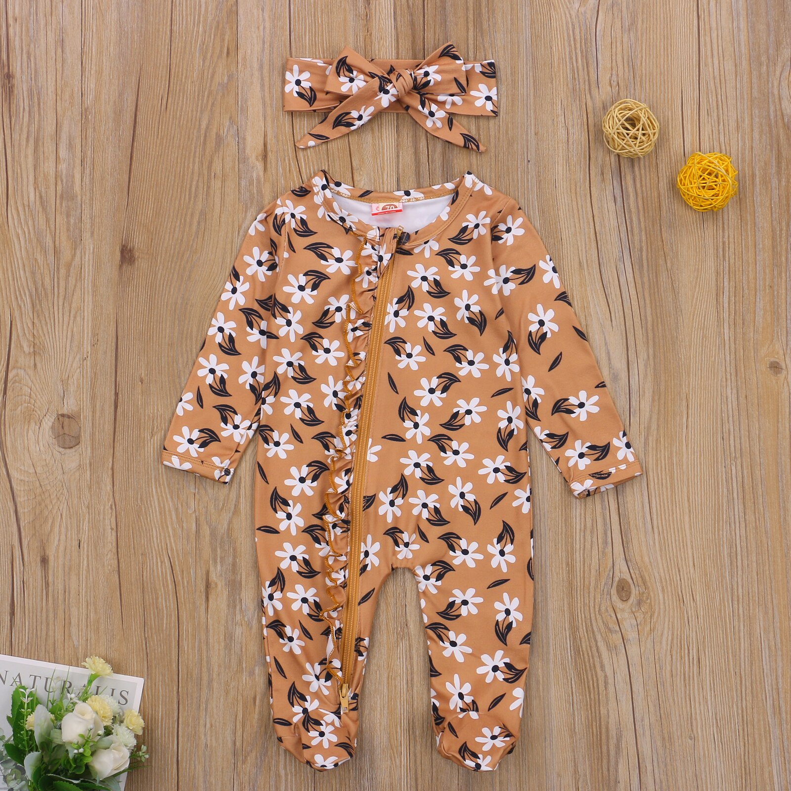 2 Pcs Newborn Baby Girls Boys Cars Footies Print Outfits, Infant Long Sleeve Round Neck Ruffle Footed Jumpsuit + Headband