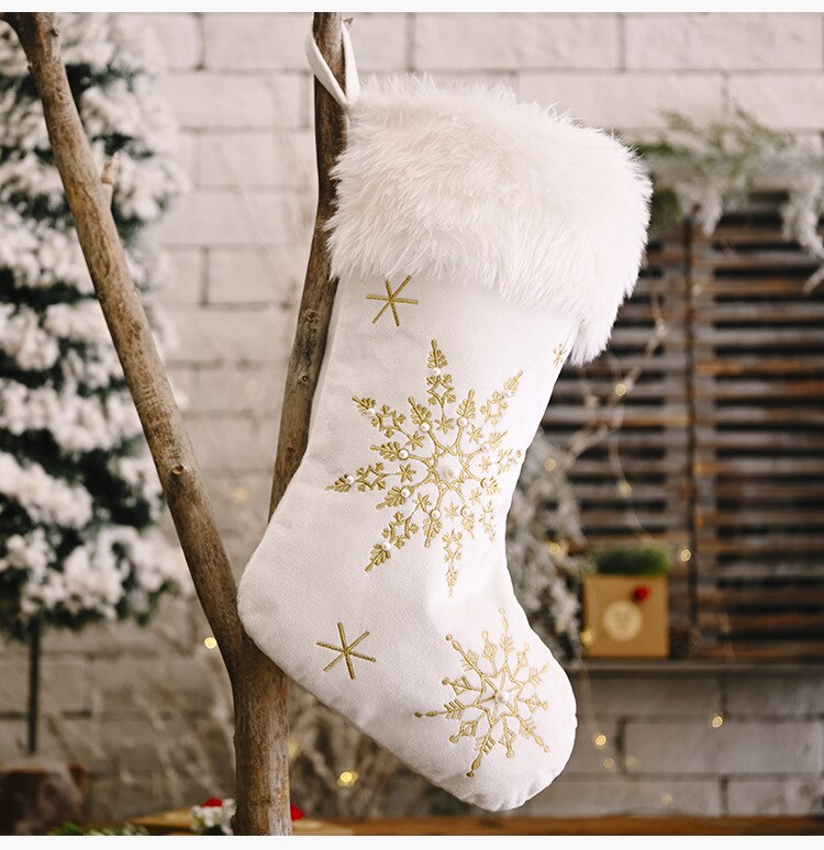 Mærke flannel perle snefnug julestrømper plys store julesokker slik sokker juletræspynt: Guld