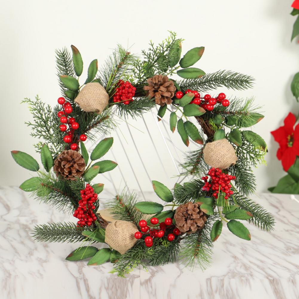 18IN Christmas Wreath Window Door Decoration Advent Garland Red Berries Evergreen Leaves Burlap Ball Christmas Wreath
