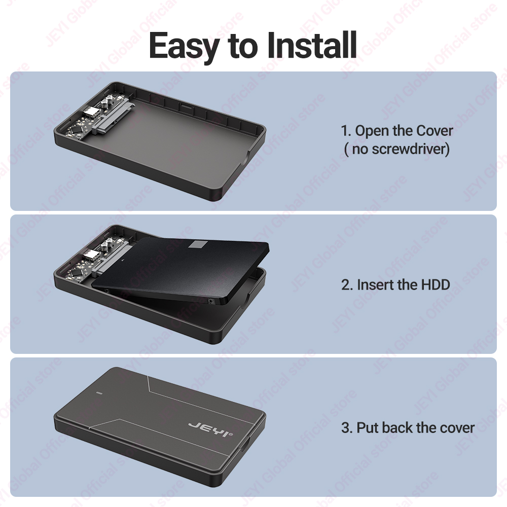 JEYI 2.5 inch External Hard Drive Enclosure Type C 3.1 to SATA III for 7mm and 9.5mm SATA HDD SSD Tool Free [UASP Supported]