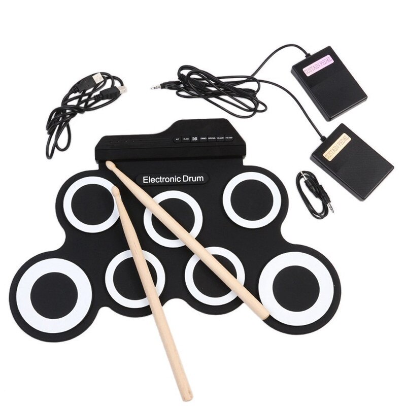 Foldbar elektronisk håndrulle tromme usb percussion instrument sæt silikone elektrisk tromme pad kit med trommestikker fodpedal