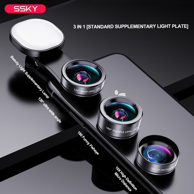 Fisheye Lens Three-in-one Set Wide-angle Mobile Phone Lens Shooting External HD Camera Universal Fill Light Macro
