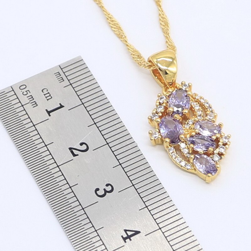 Charmante paarse zirkoon gouden sieraden sets voor vrouwen bruiloft oorbellen ketting hanger ringen doos
