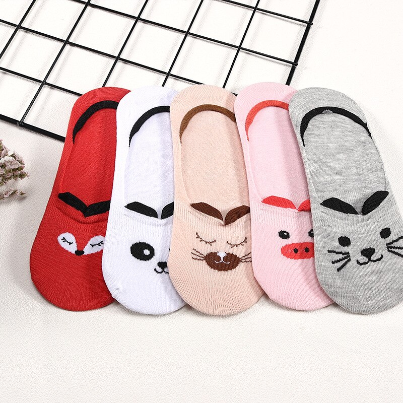 5 Paren/partij Lente Zomer Korea Sokken Vrouwen Cartoon Kat Vos Leuke Animal Print Grappige Onzichtbare Boot Katoenen Sokken: 7