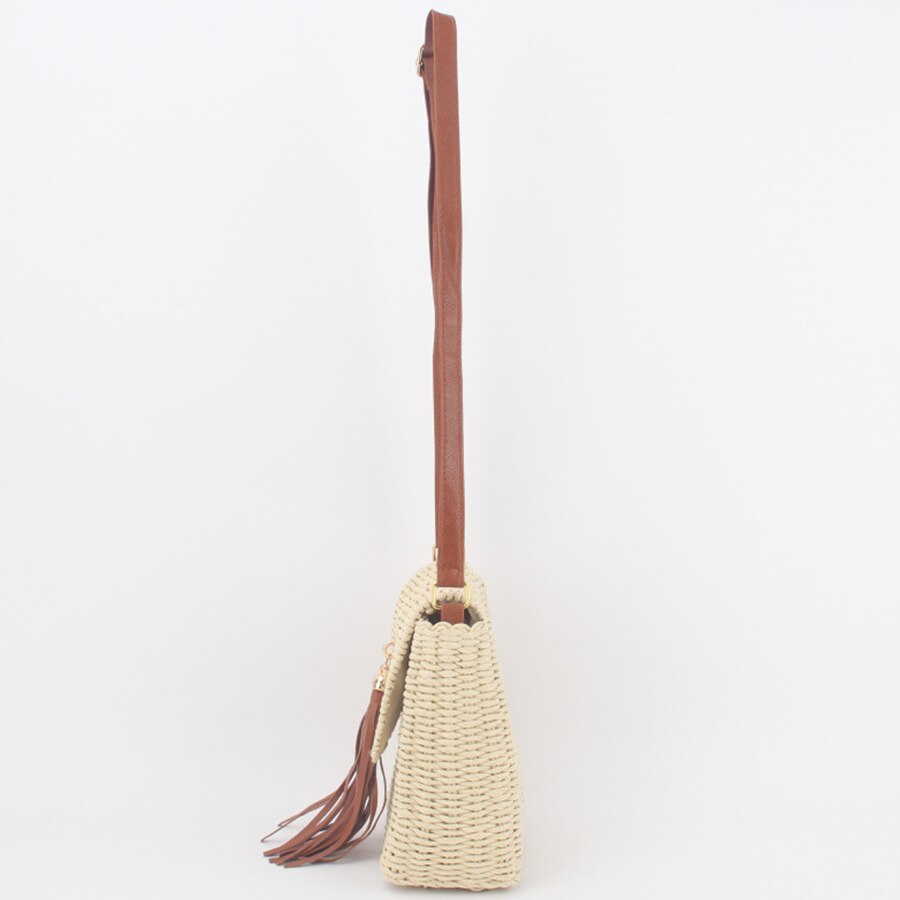 Bolso de mimbre de paja tejida para mujer, bolso de hombro con solapa, informal, pequeño, de borla, para playa, cruzado, para verano,