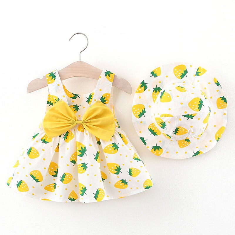 Vestido de verano de fresa con sombrero para bebé, con lazo grande, línea A, ropa de verano para niña, Vestido de playa infantil para bebés: Yellow a set / 12 meses