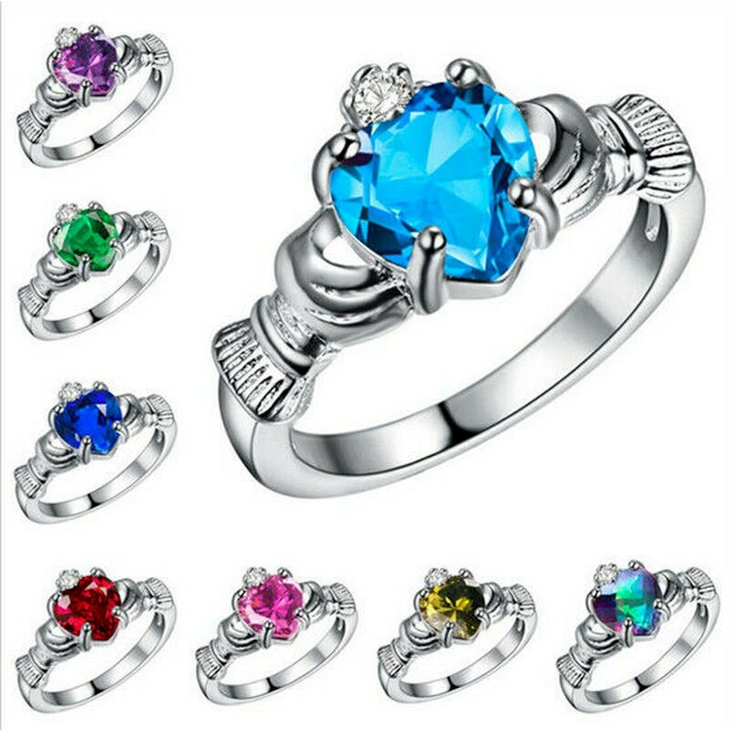 Anillo Claddagh de compromiso de boda con corona de circón de Color plateado para mujer talla 6-10