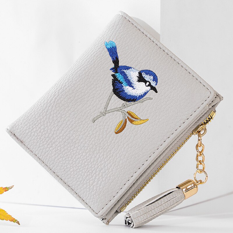 Wallet Women Bird Embroidery Portefeuille Femme Zipper Hasp Short Purse Leather Card Holder Green Blue Pink Black Women Wallets: Type A gray