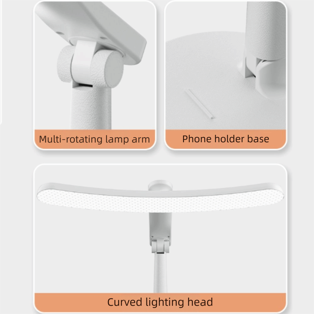 3 dimbare led bureaulamp met inklapbare oogbescherming, witte kleur, aanraakschakelaar, usb-oplaadbaar.