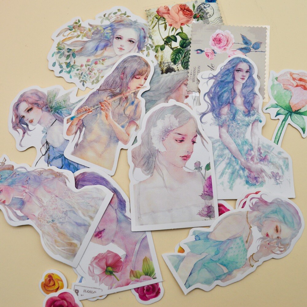 10 stuks kawaii aquarel stijl mooie meisjes sticker zelfgemaakte bloemen papier s/
