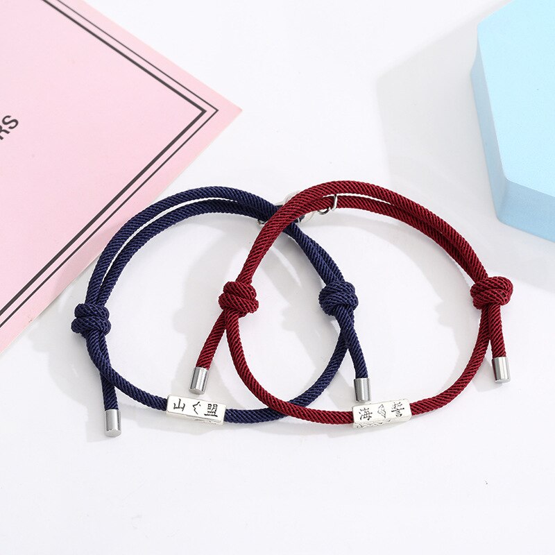 2Pcs Minimalistische Bijpassende Vriendschap Armband Touw Gevlochten Paar Magnetische Trekken Elkaar Afstand Armband Minnaar Sieraden: Deep Blue Wine Red