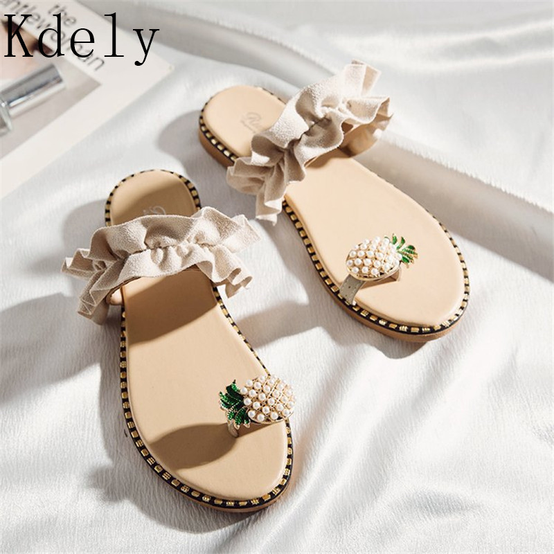 Summer Flat Heel Women Ladies Sandals toe ring Bohemia Sandals With ananas Flat Shoe Outdoor Slides 35-39
