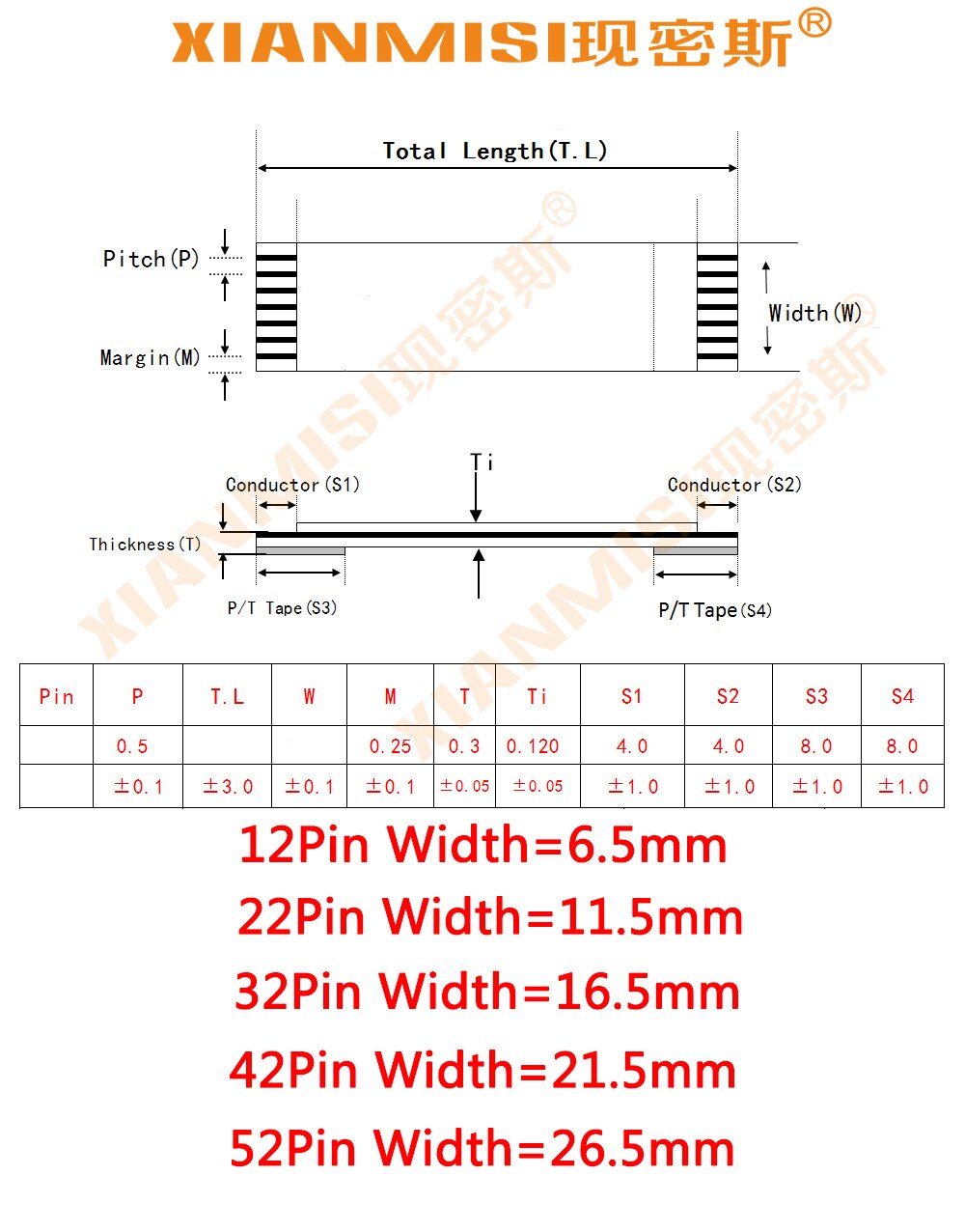 FFC/FPC Flat Flex Ribbon Cable 12Pin 22Pin 32Pin 42Pin 52Pin Same Side 0.5mm Pitch AWM VW-1 20798 80C 60V Length 15cm 5PCS