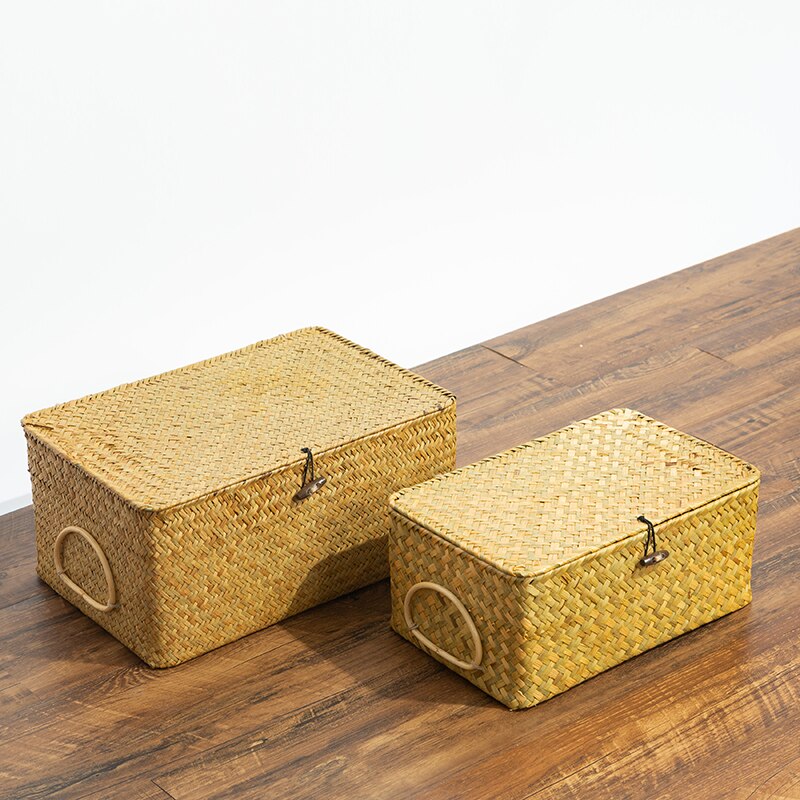 Wicker Basket Natural Seagrass Storage Basket with Lid Handwoven Storage Box Rattan Sundaries Organizer Multipurpose Container