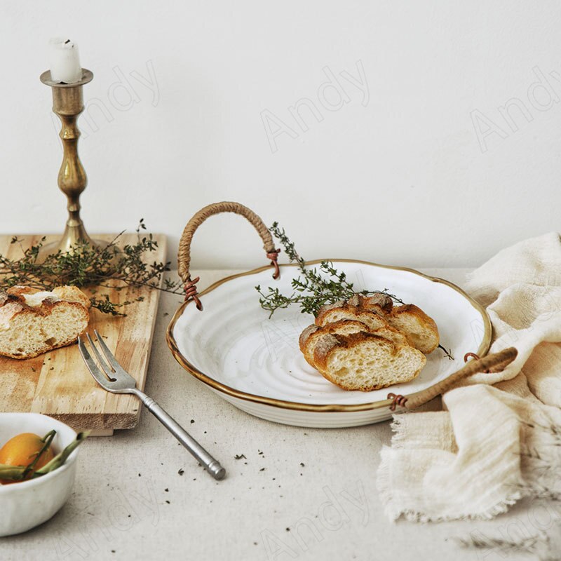 Retro Keramische Plaat Creatieve Hennep Touw Binaural Decoratieve Ontbijt Brood Schotel Desktop Fruitsalade Platen Keuken Servies
