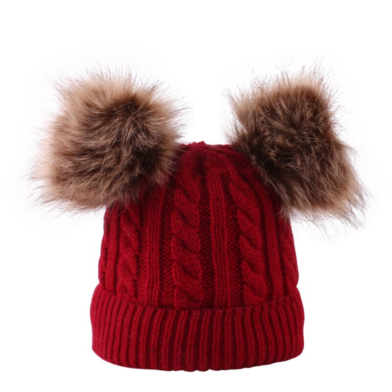 BalleenShiny Baby Cute Pompons Hats Knitted Solid Winter Cap Fur Balls Woolen Beanies Elastic Hat For Boys&amp;Girls: red