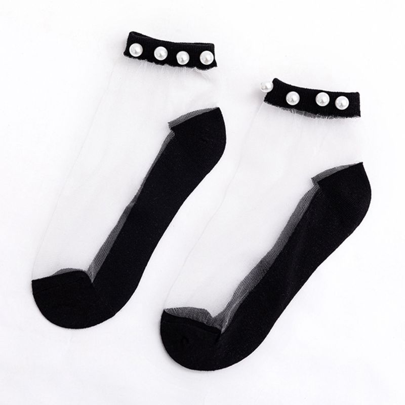 Japanse Meisjes Zomer Transparante Glasvezel Ankle Boot Sokken Imitatie Parel Kralen Top Sieraden Zoete Snoep Kleur Dunne Kousen: 1