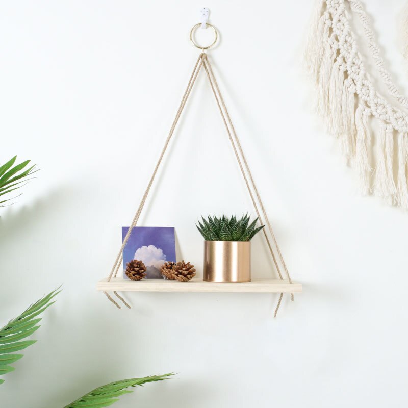 Étagère murale flottante décorative pour la maison, balançoire en bois, corde suspendue, montage d'intérieur, pot de fleurs pour plantes, décoration d'extérieur: M / 1 layer log color