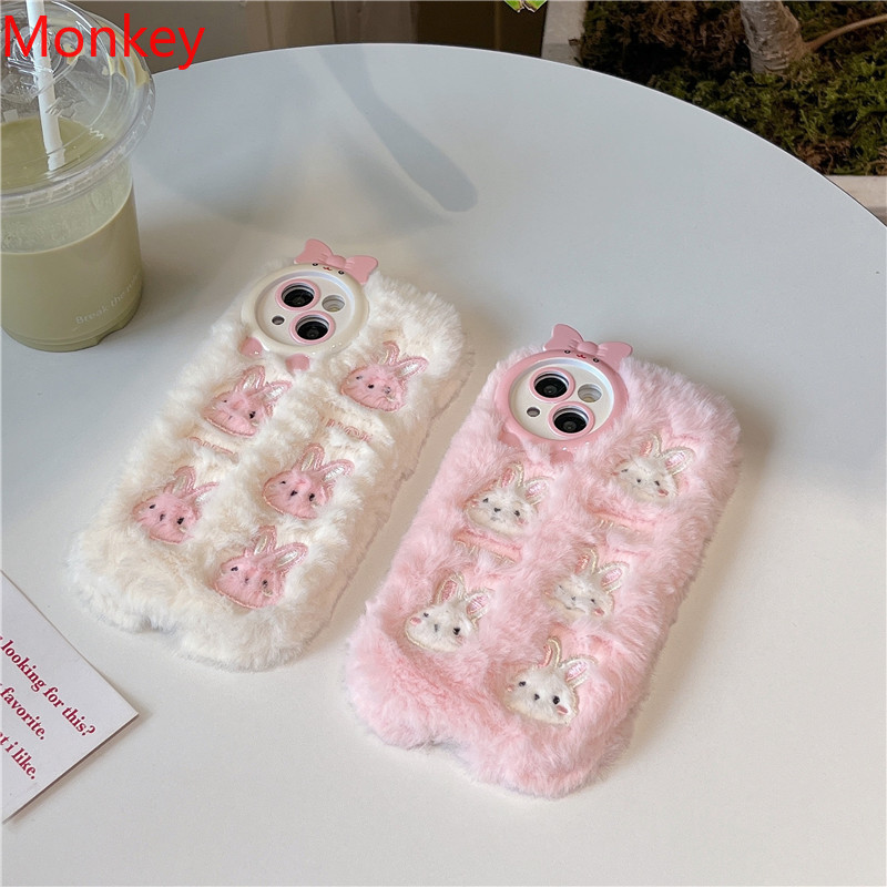 Fluffy plysj 3d søt kanin rosa telefondeksel til iphone 15 pro max deksler 14 12 11 pro max beskyttende mykt deksel til iphone 13 deksel