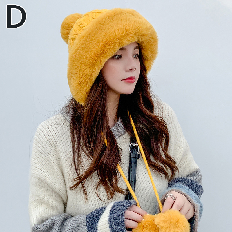 Gorro de nieve grueso con pompones para mujer, gorro cálido de punto, suave, , para esquí, Invierno: D