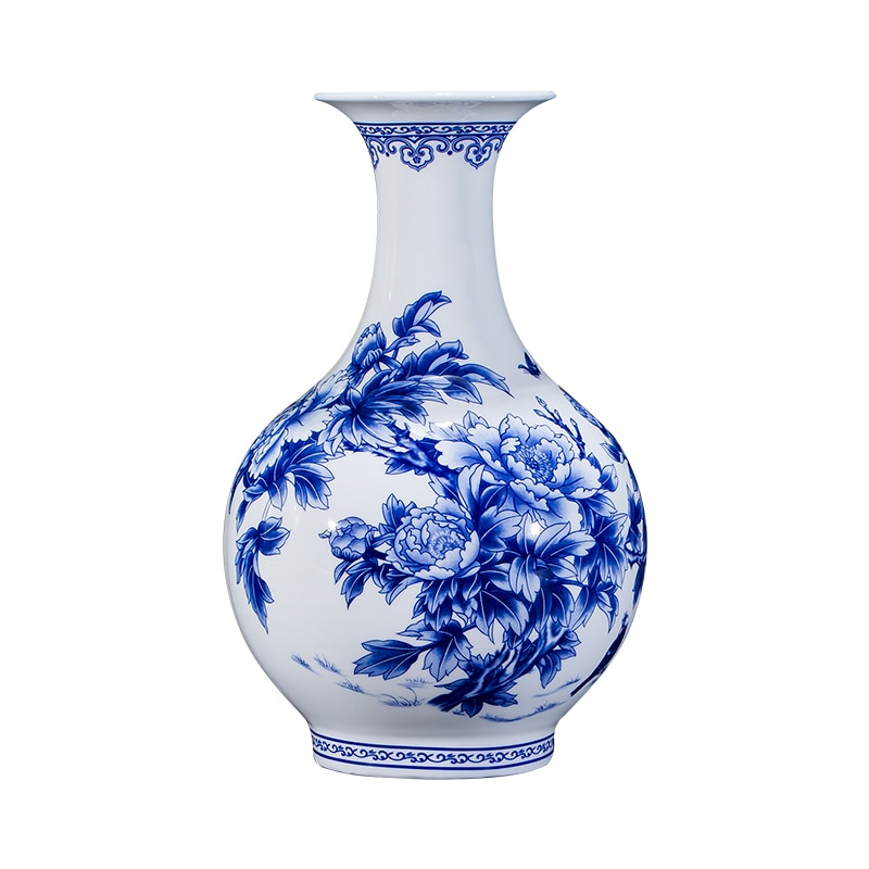 Kinesisk stil jingdezhen blå og hvid porcelæn vaser fine ben porcelæn vase pæon dekoreret keramik vase