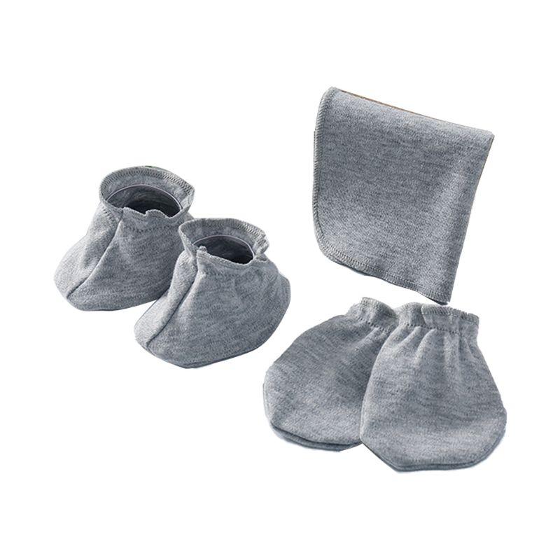 Guantes de toalla suave de algodón para Saliva para recién nacidos, juego de fundas para los pies, mitones antiarañazos, calcetines con babero de tela para comer y eructar: Gris