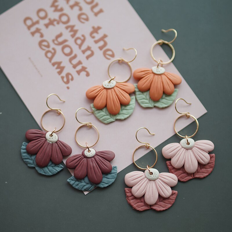 Flower Shape Ring Dangle Multi Colors Big Size Handmade Polymer Clay Spring Collection Earring Sets Statements Jewelry