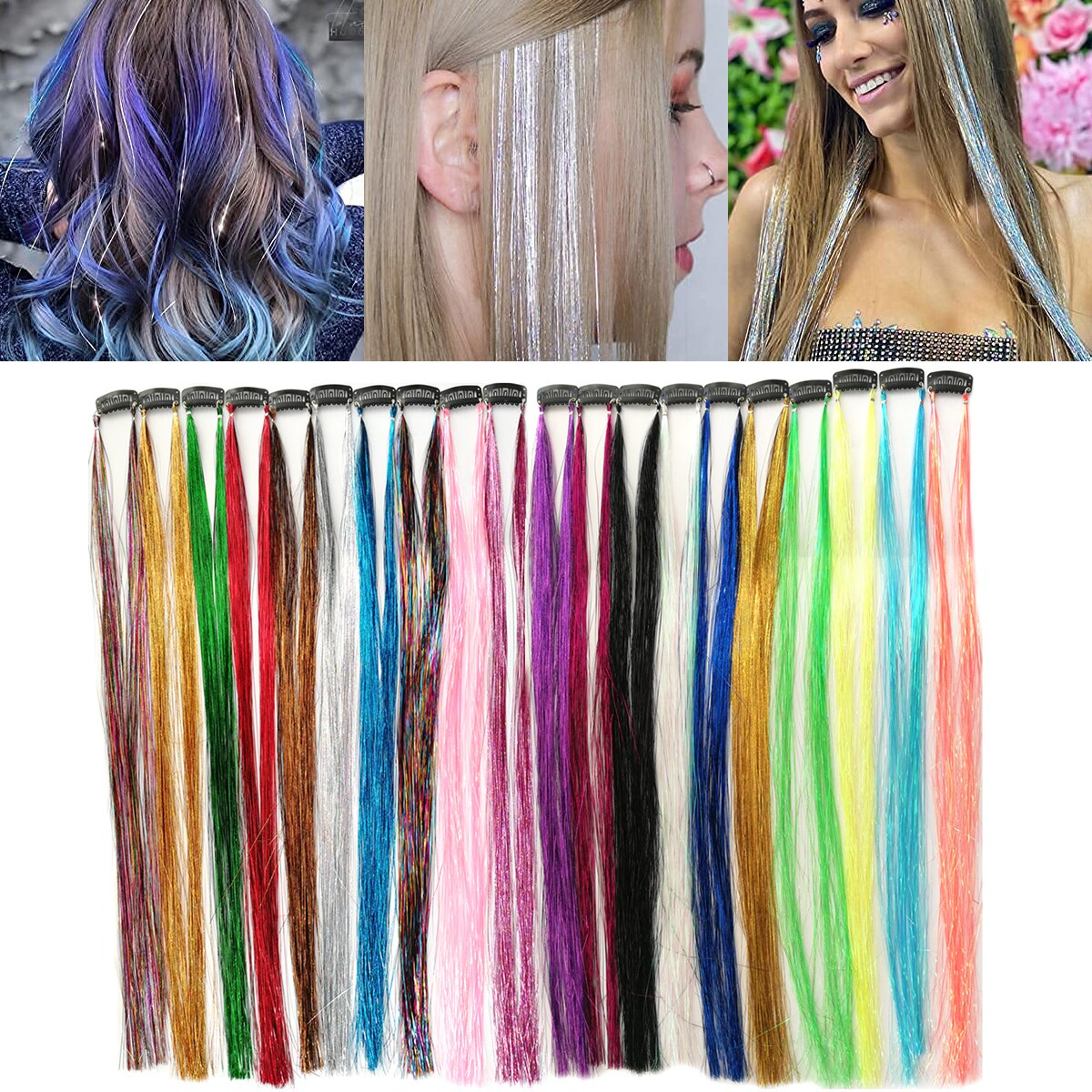 20 Colors Long Straight Hair Tinsel Bright Hair Extention Glitter Clip Hairpiece Sparkling Shiny Clip In Hair Tinsel Tools