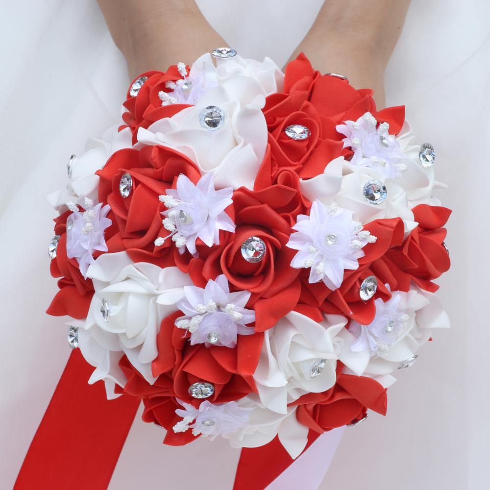 Simple Bridesmaid Foam Bouquet Wedding Bouquets Diamond Ribbon PE Bouquet Bridal Holding Artificial Flowers Mariage FW008: FW008red