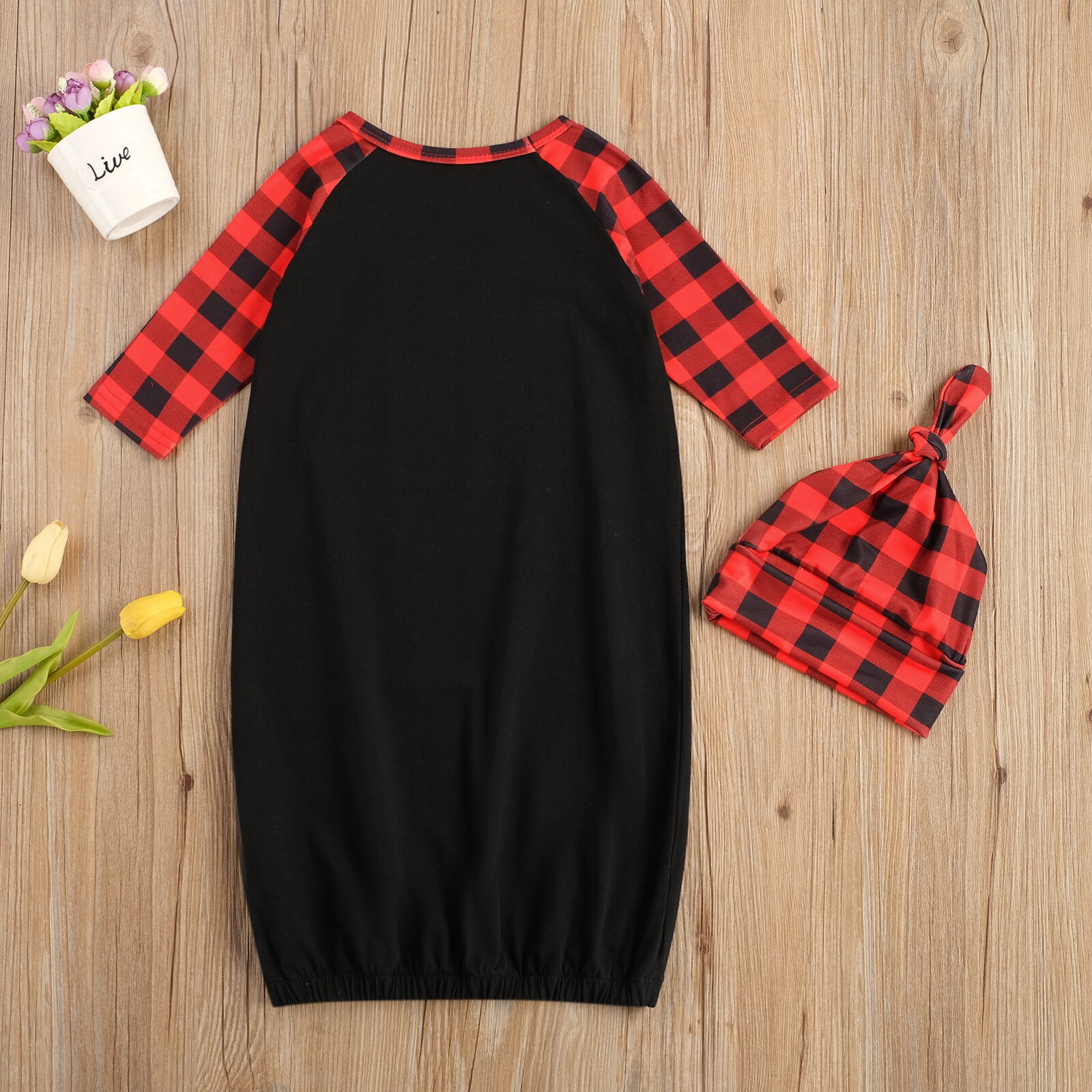 FOCUSNORM Baby Mädchen Junge Schlaf Kleid Plaid knapp Gedruckt Patchwork Langarm Lange Spitzen Hütte 2 stücke