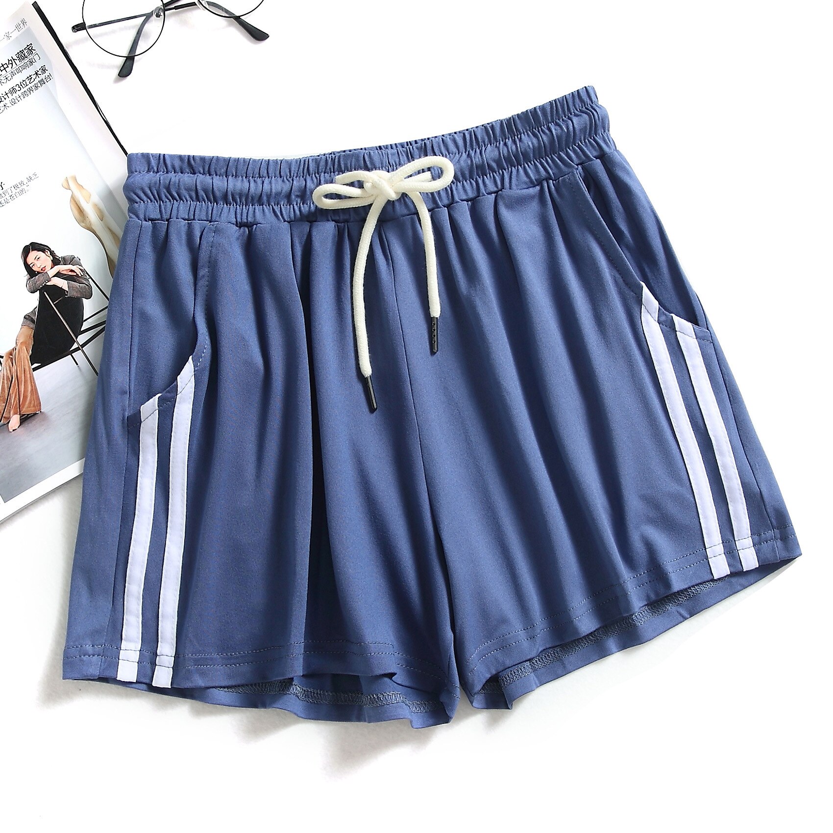 Sports Shorts Women Summer Anti Emptied Loose Running Shorts Casual Lady Elastic Waist Beach Correndo Short Pants: blue / XL