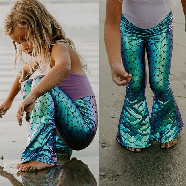 Kid Girls Shiny Mermaid Leggings Metallic Fish Scale Pants Fancy Dress Party