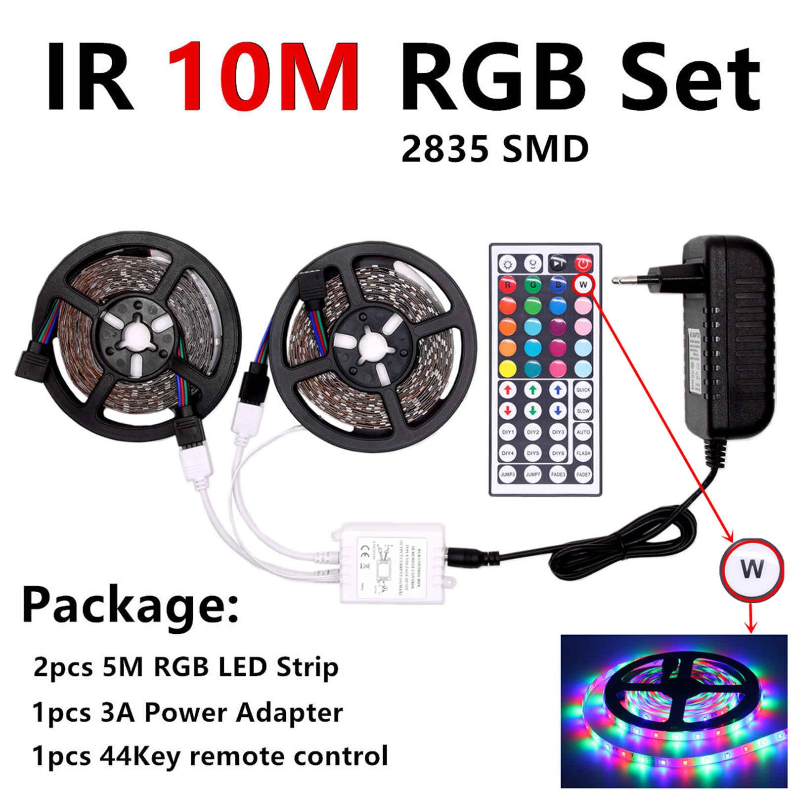 Rgb Led Strip Waterdicht 2835 5M 10M DC12V Fita Led Light Strip Neon Led 12V Flexibele Tape ledstrip Met Controller En Adapter: 10M 44key Set / IP20 Not Waterproof / US Plug Power