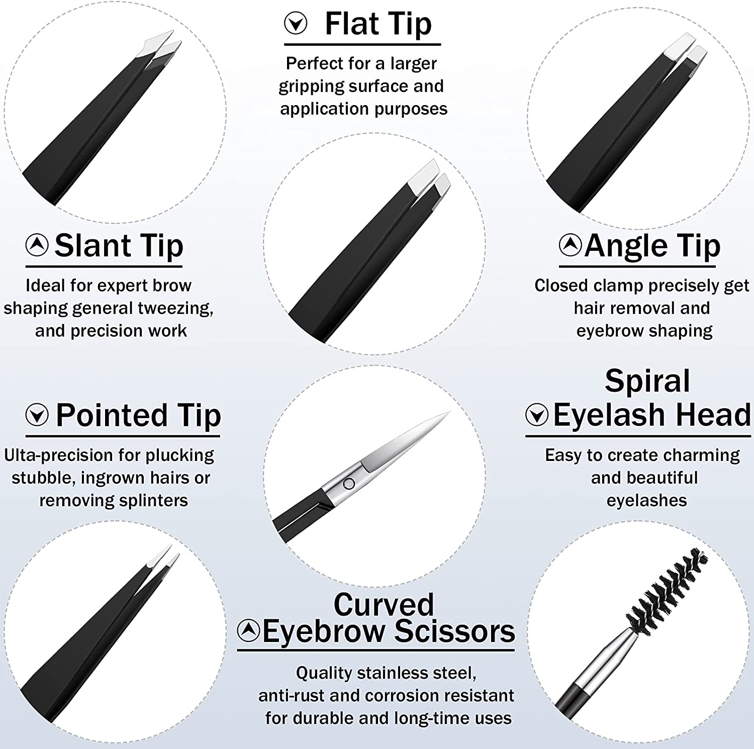 Juego de pinzas para cejas con tijeras curvadas, cepillo para pestañas, eliminación de vello de cejas y barba, pinzas extractoras de pelos faciales, 6 uds.