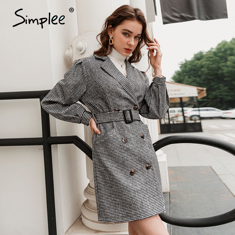 Simplee-vestido negro a cuadros con mangas abullonadas y cinturón para mujer, look clásico casual, primavera, Otoño e Invierno