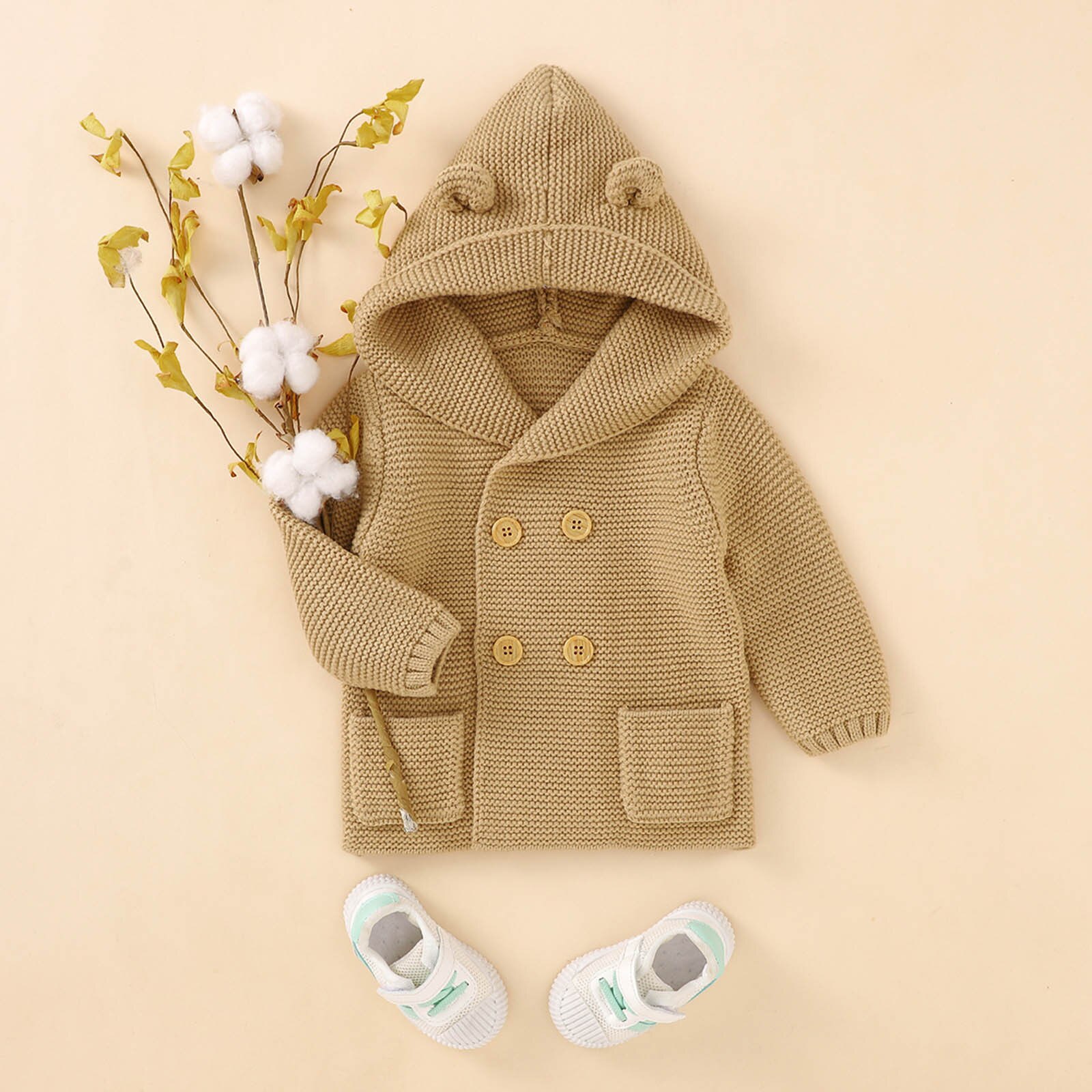 Manteau pour bébés garçons et filles, vêtements d'hiver à la , couleur unie, capuche tricotée, Double boutonnage boutonné, hauts chauds pour enfants